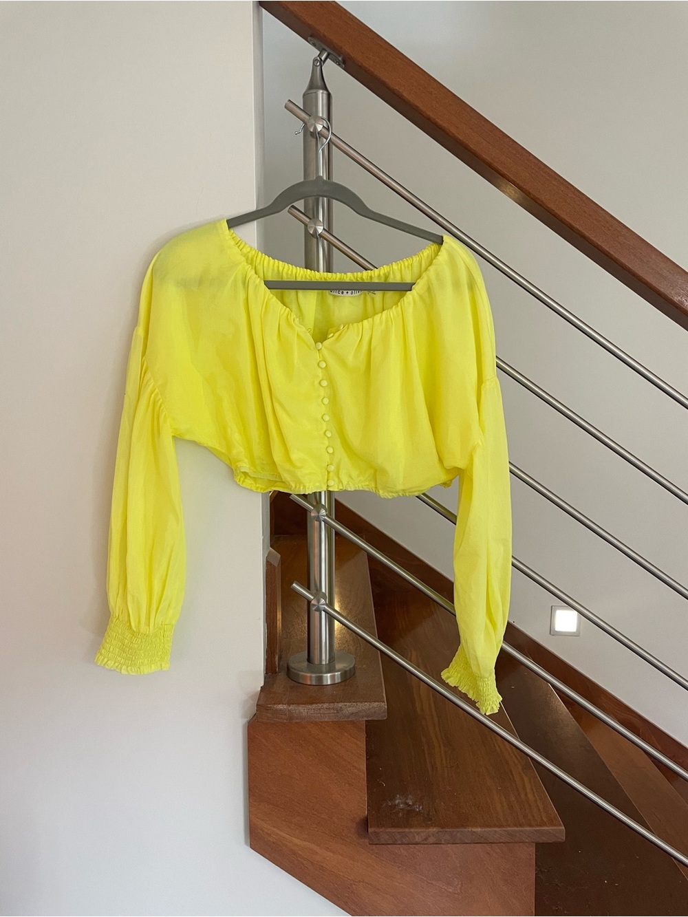 Alice + Olivia Neon Yellow Off-Shoulder Button Crop Top